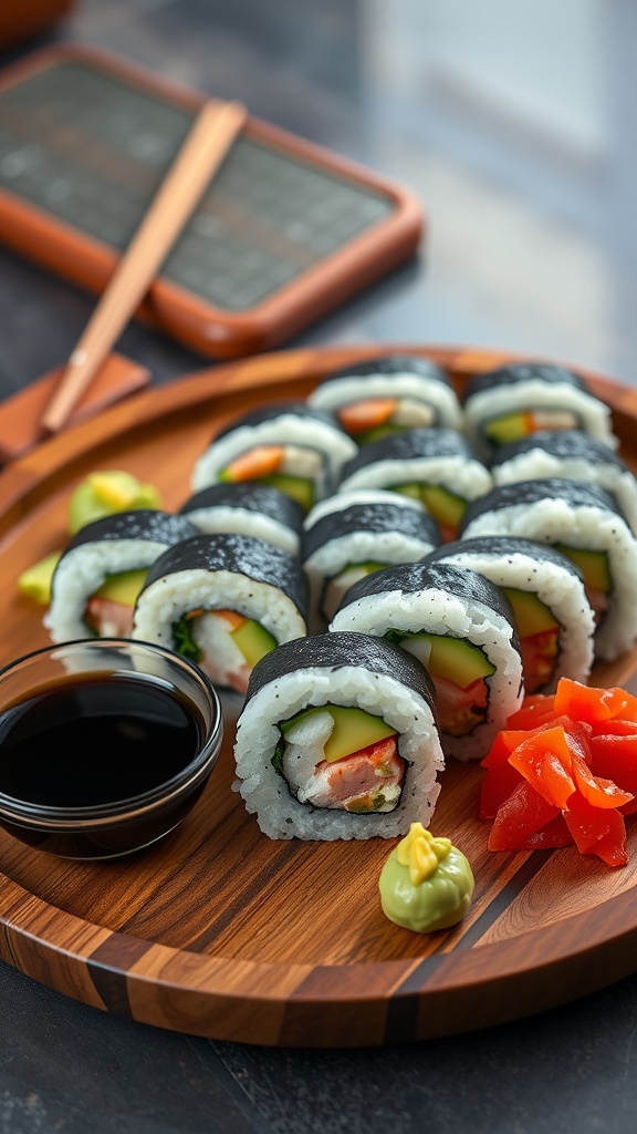 California rolls on a wooden platter with soy sauce, pickled ginger, and wasabi.
